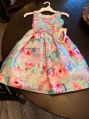 Jona Michelle Aqua Floral Bow-Front Party Dress with Pink Accents